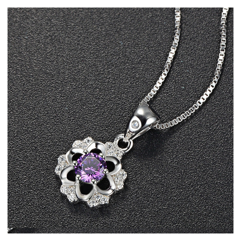 Amethyst Flower Halo Pendant - 925 Sterling Silver