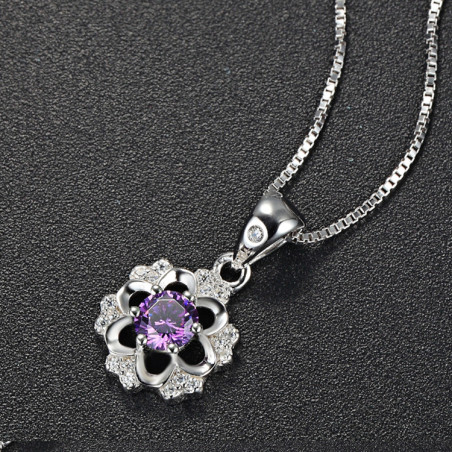Amethyst Flower Halo Pendant - 925 Sterling Silver