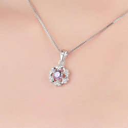 Amethyst Flower Halo Pendant - 925 Sterling Silver