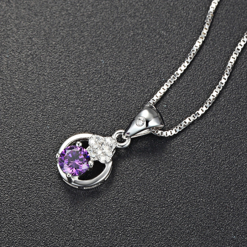 Purple Halo Heart Circle Necklace - 925 Sterling Silver
