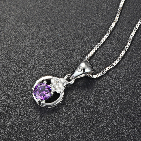 Purple Halo Heart Circle Necklace - 925 Sterling Silver